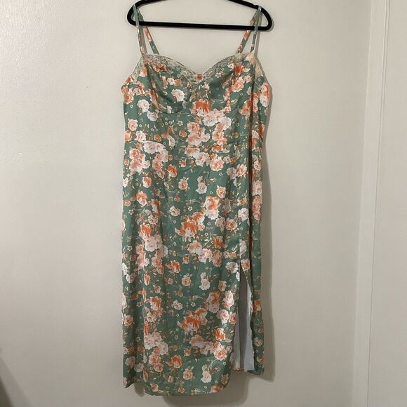 Green Floral Satin Lace Fairycore Feminine Romantic Casual Summer Slip Dress 2XL - Picture 1 of 7